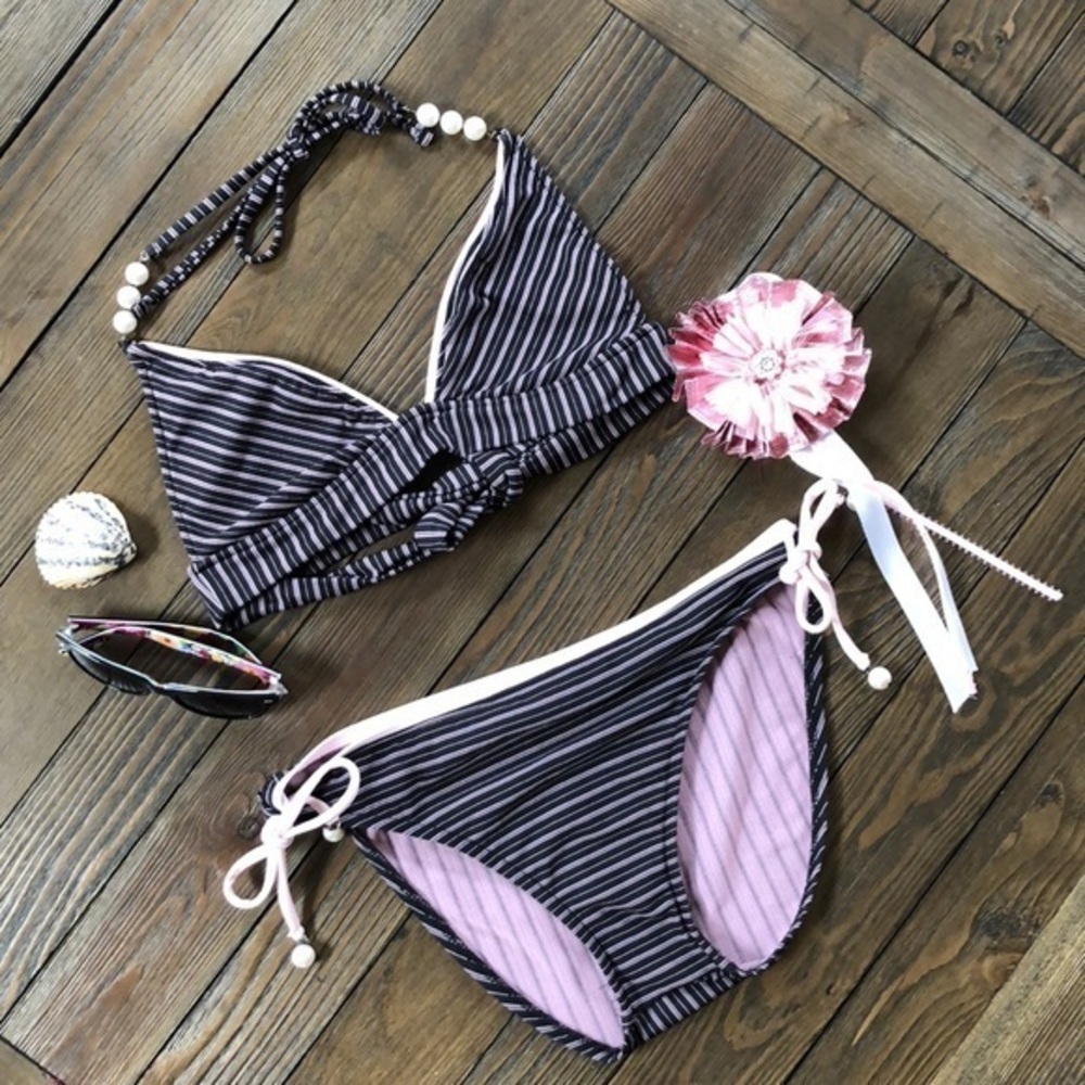 Becca  vintage pink/black striped Bikini w/pearls